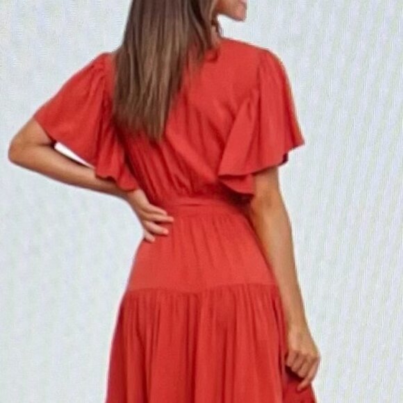 Orniya Women's Belted Surplice Flutter Sleeve Maxi Dress in Size 8 in Orange - Picture 3 of 8